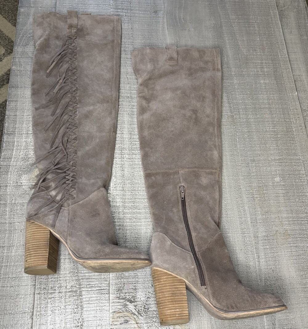 Carlos Garrett Women's Over The Knee Boots Suede Fringe Taupe Boho Western Sz 8